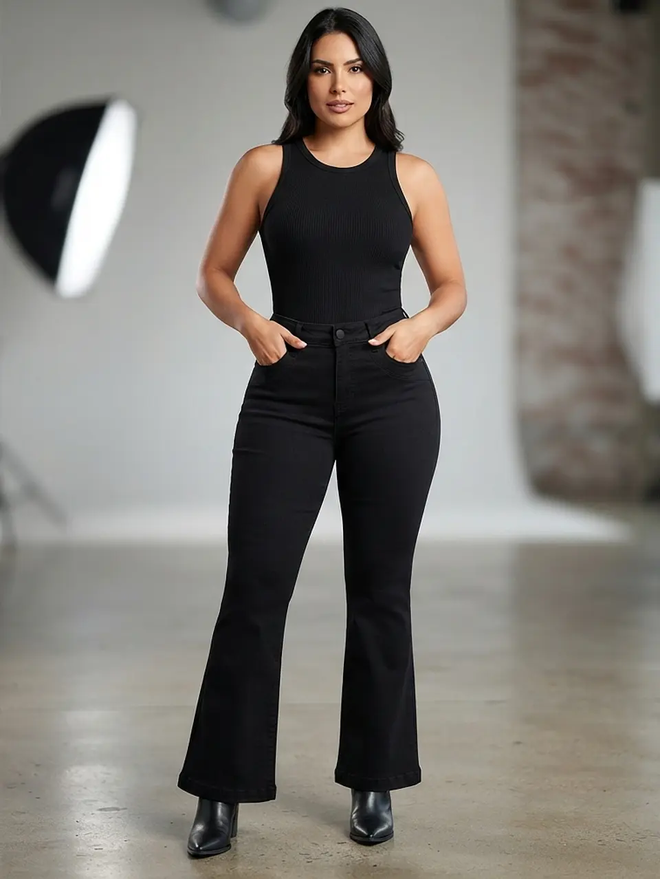 Jeans Flare Acampanado Negro Tiro Alto Elasticado con Push-Up 1