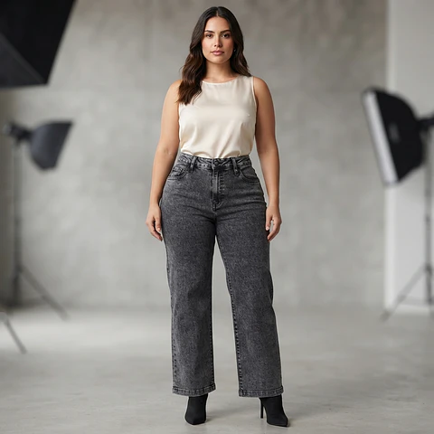 Jeans Wide Leg Tiro Alto Elasticado Gris Oscuro Nevado