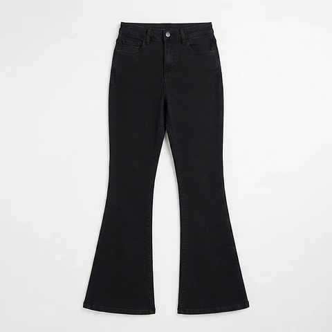 Jeans Flare Acampanado Tiro Alto Elasticado Negro Solido