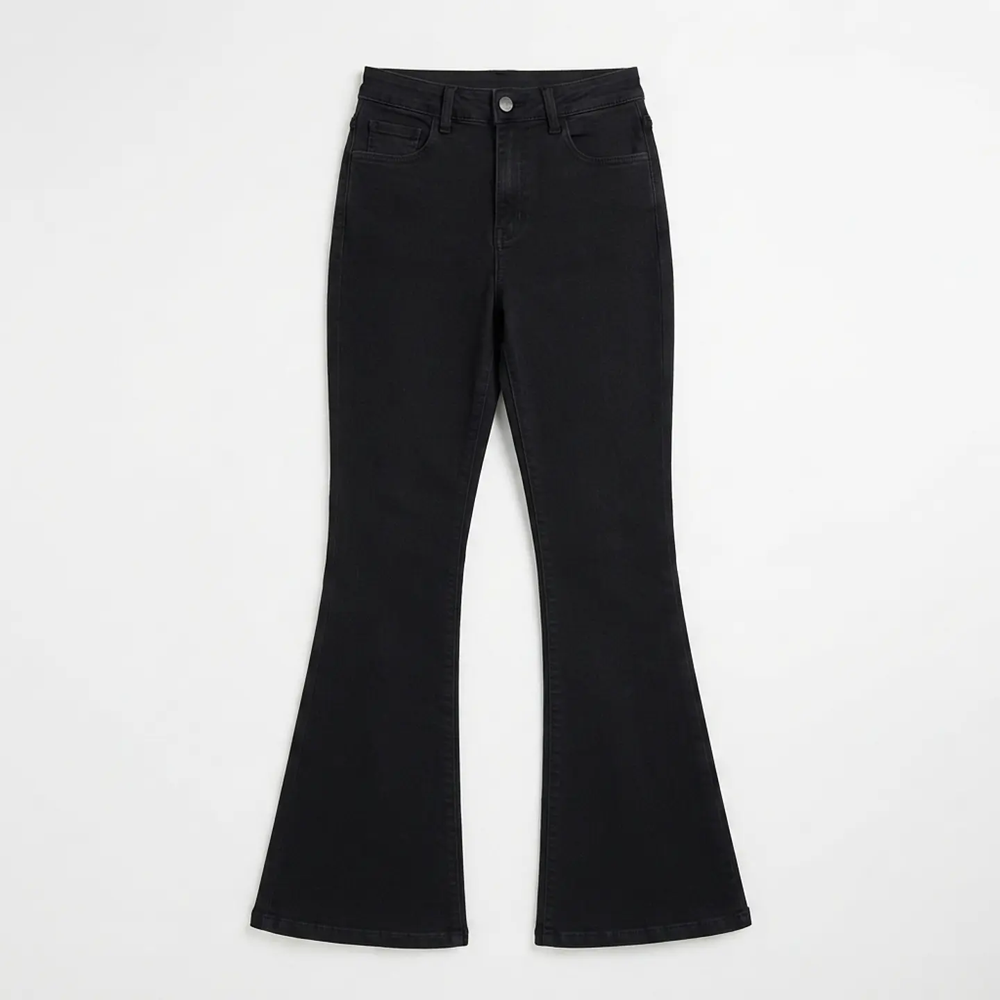 Jeans Flare Acampanado Tiro Alto Elasticado Negro Solido 2