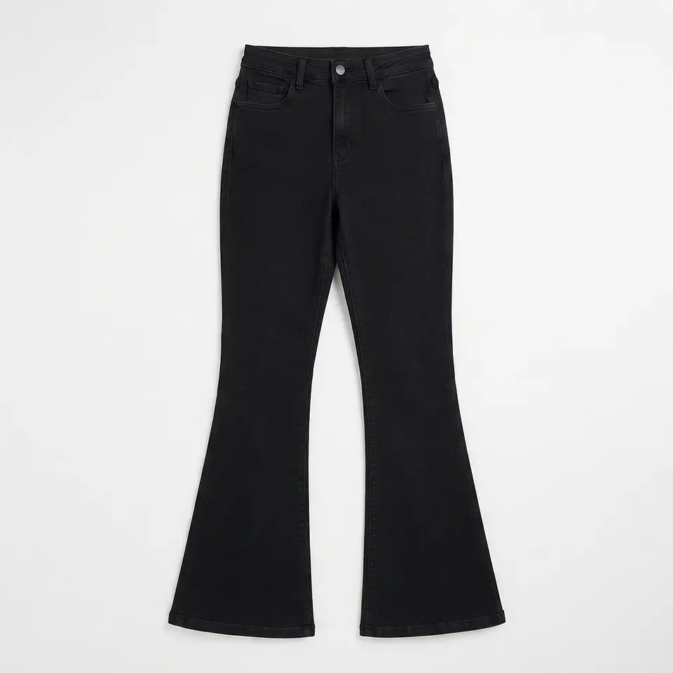Jeans Flare Acampanado Tiro Alto Elasticado Negro Solido 2
