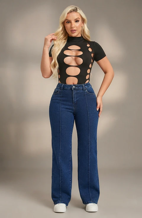Jeans Wide Leg Tiro Alto Elasticado Azul Marino