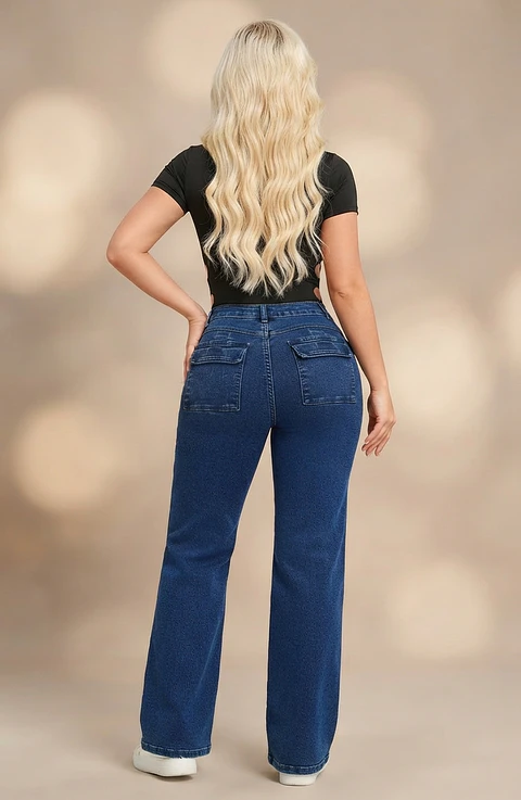 Jeans Wide Leg Tiro Alto Elasticado Azul Marino