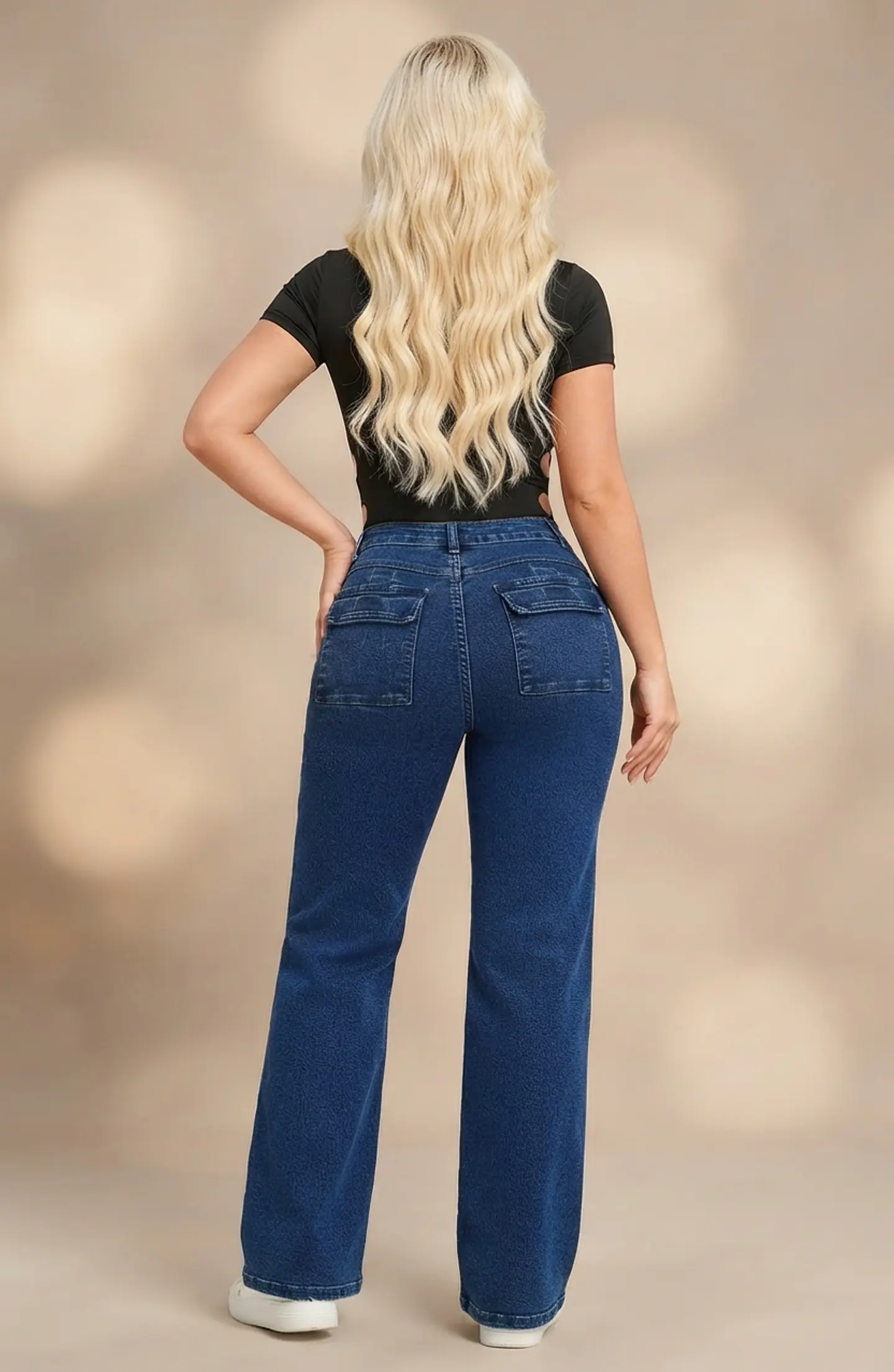 Jeans Wide Leg Tiro Alto Elasticado Azul Marino 2