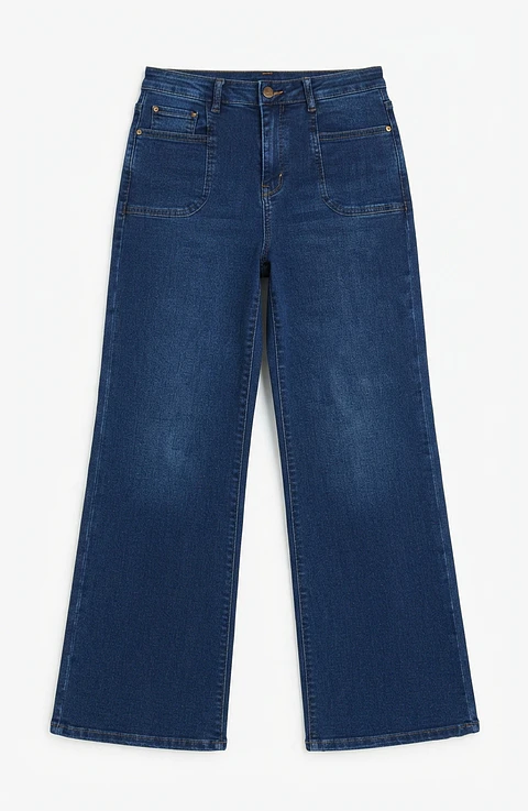 Jeans Wide Leg Tiro Alto Elasticado Azul Marino Clasico