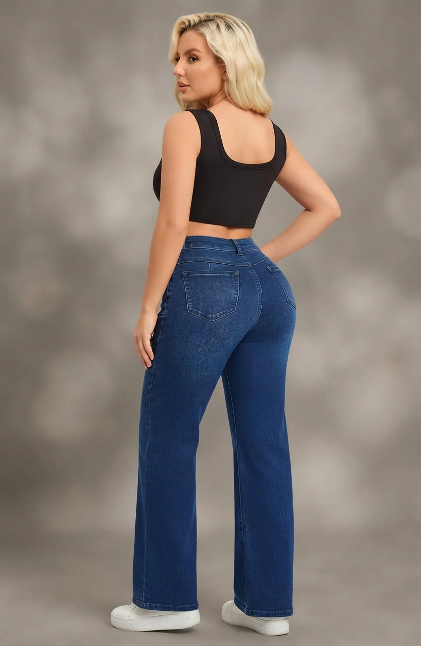 Jeans Wide Leg Tiro Alto Elasticado Azul Marino Clasico 3