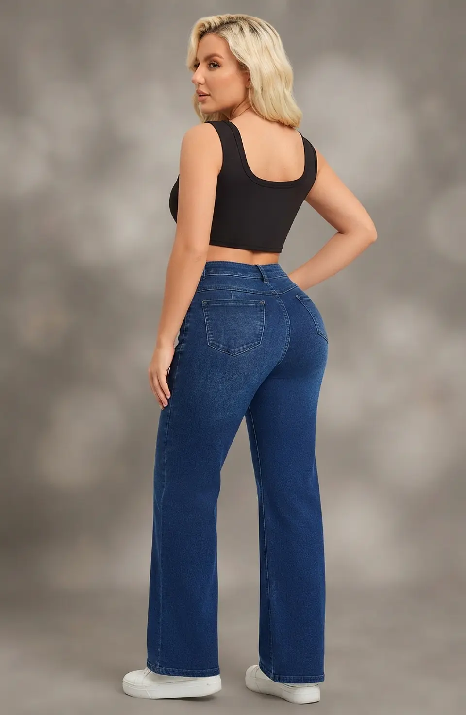 Jeans Wide Leg Tiro Alto Elasticado Azul Marino Clasico 3