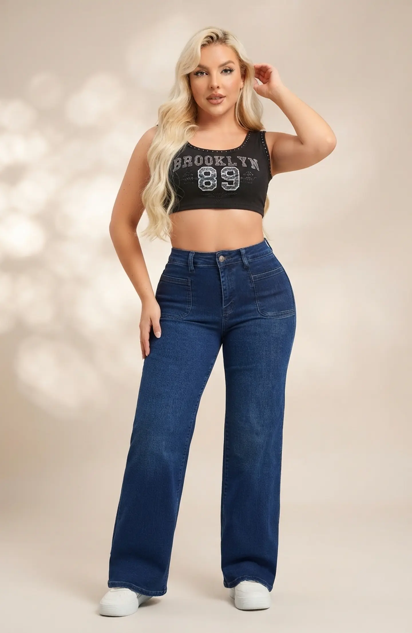 Jeans Wide Leg Tiro Alto Elasticado Azul Marino Clasico 1