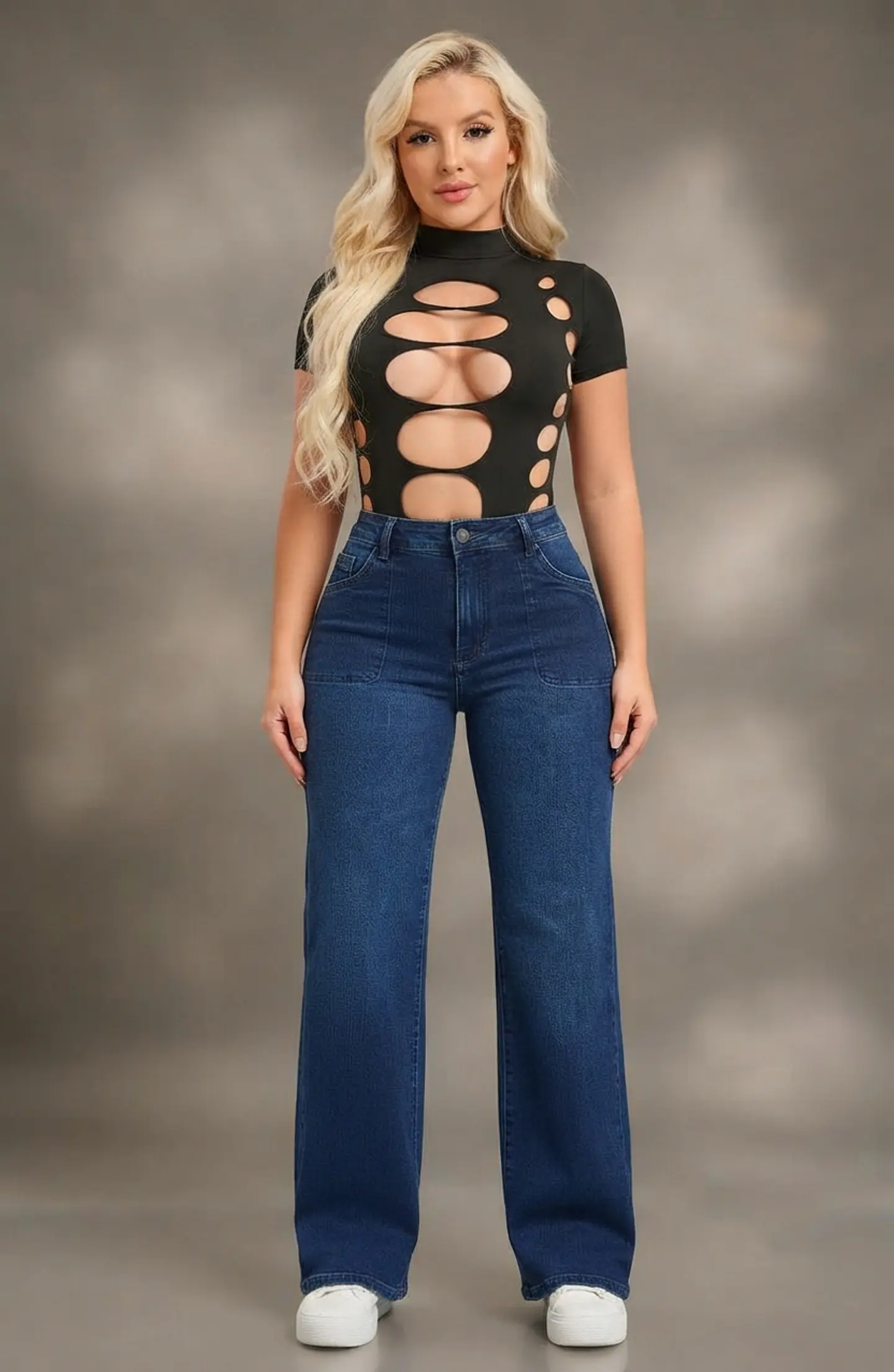 Jeans Wide Leg Tiro Alto Elasticado Azul Marino Clasico Bolsillo Cartera 1