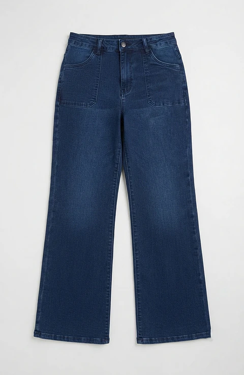 Jeans Wide Leg Tiro Alto Elasticado Azul Marino Clasico Bolsillo Cartera