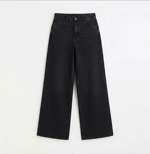 Jeans Wide Leg Negro Elasticado Negro Grafito Oscuro