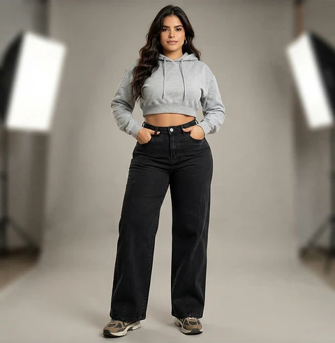 Jeans Wide Leg Negro Elasticado Negro Grafito Oscuro