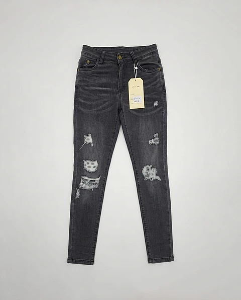 Jeans Flare Pitillo Elasticado Gris Grafito Focalizado con Rotos