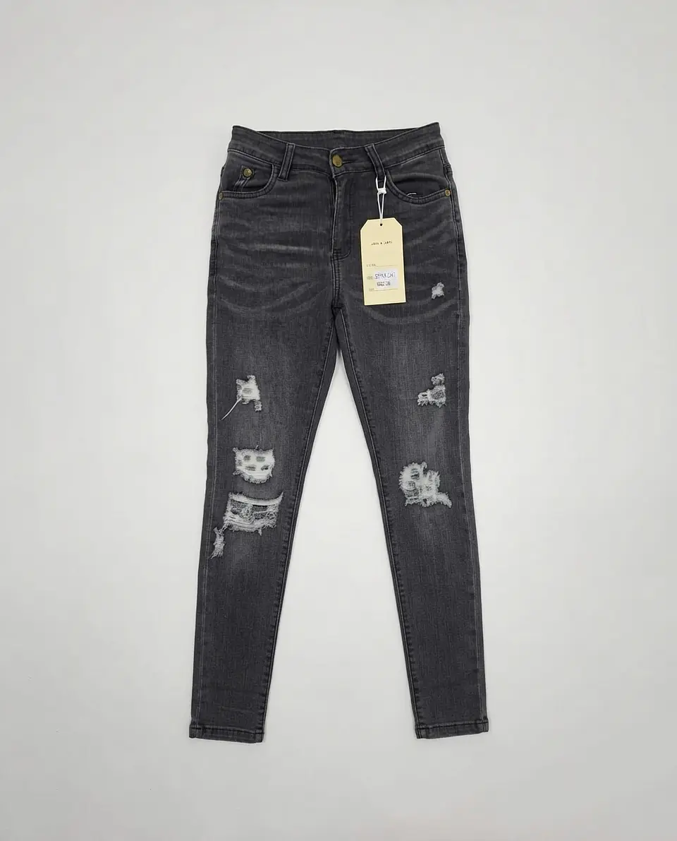 Jeans Flare Pitillo Elasticado Gris Grafito Focalizado con Rotos 1