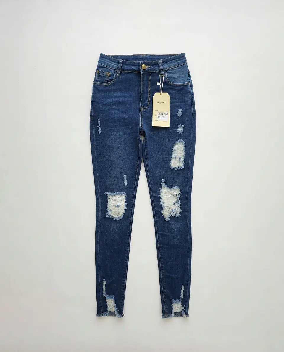 Jeans Flare Pitillo Elasticado Azul Focalizado con Rotos 1