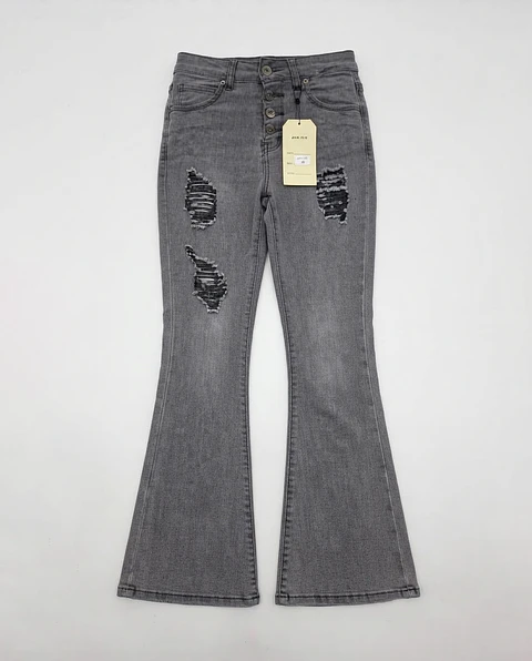 Jeans Flare Acampanado Elasticado Gris Focalizado con Rotos