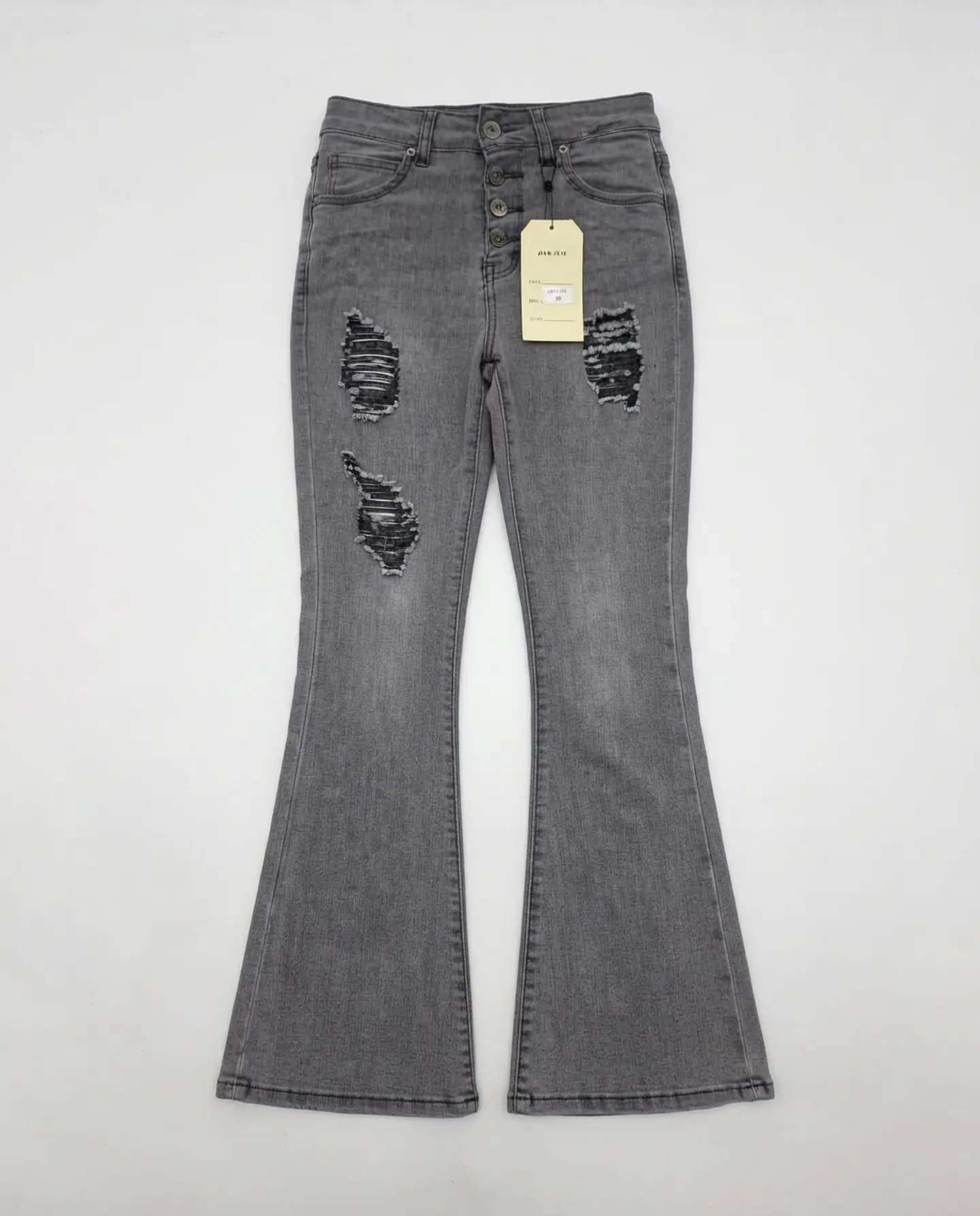 Jeans Flare Acampanado Elasticado Gris Focalizado con Rotos 1