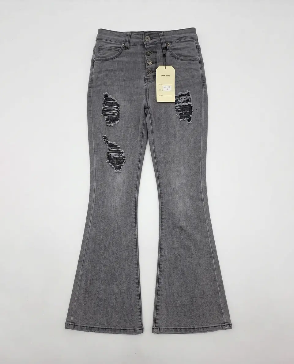Jeans Flare Acampanado Elasticado Gris Focalizado con Rotos 1