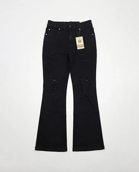 Jeans Flare Acampanado Elasticado Negro Solido con Rotos