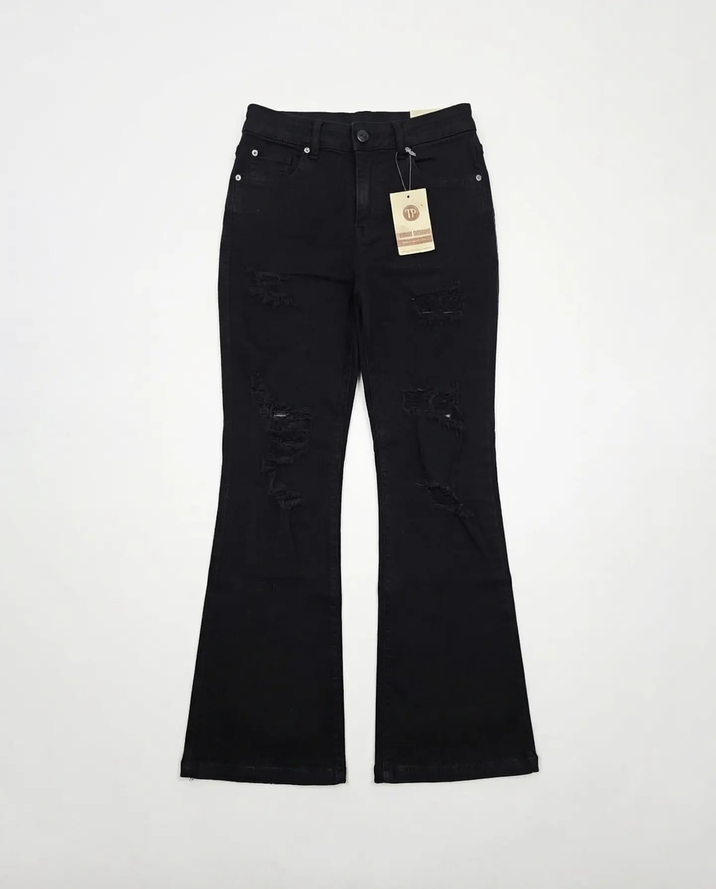 Jeans Flare Acampanado Elasticado Negro Solido con Rotos 1