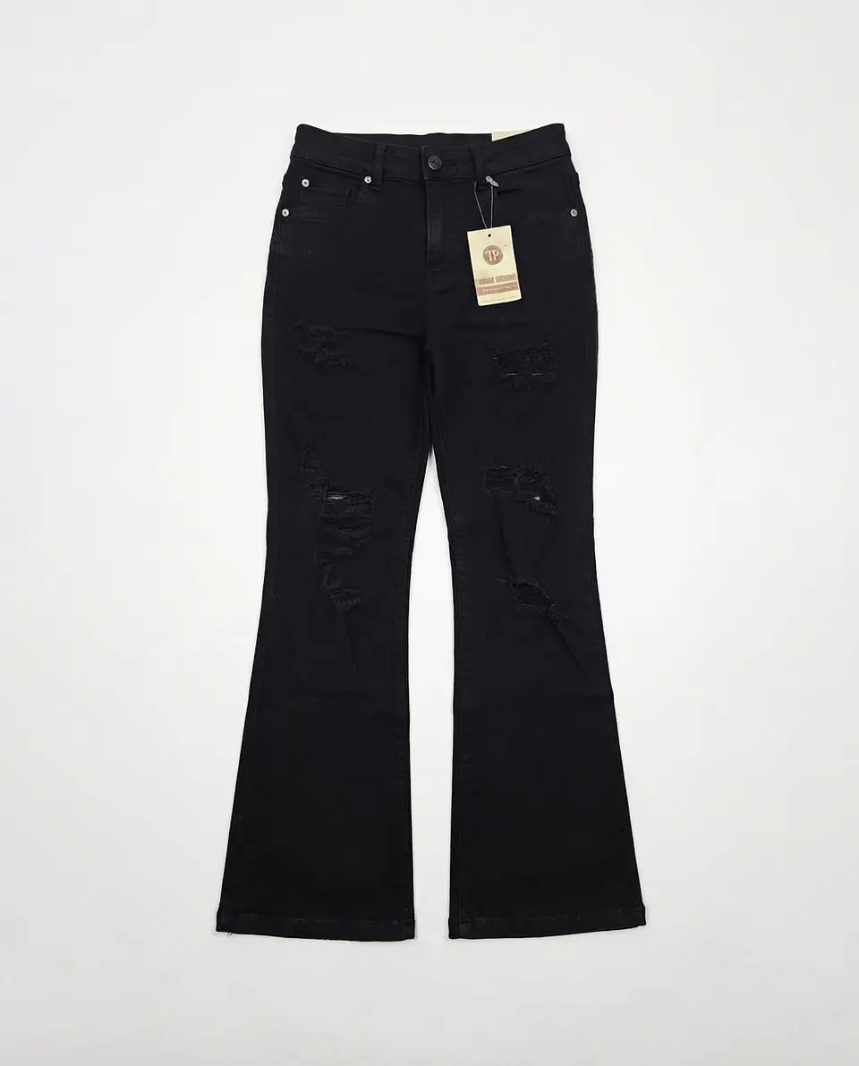 Jeans Flare Acampanado Elasticado Negro Solido con Rotos 1