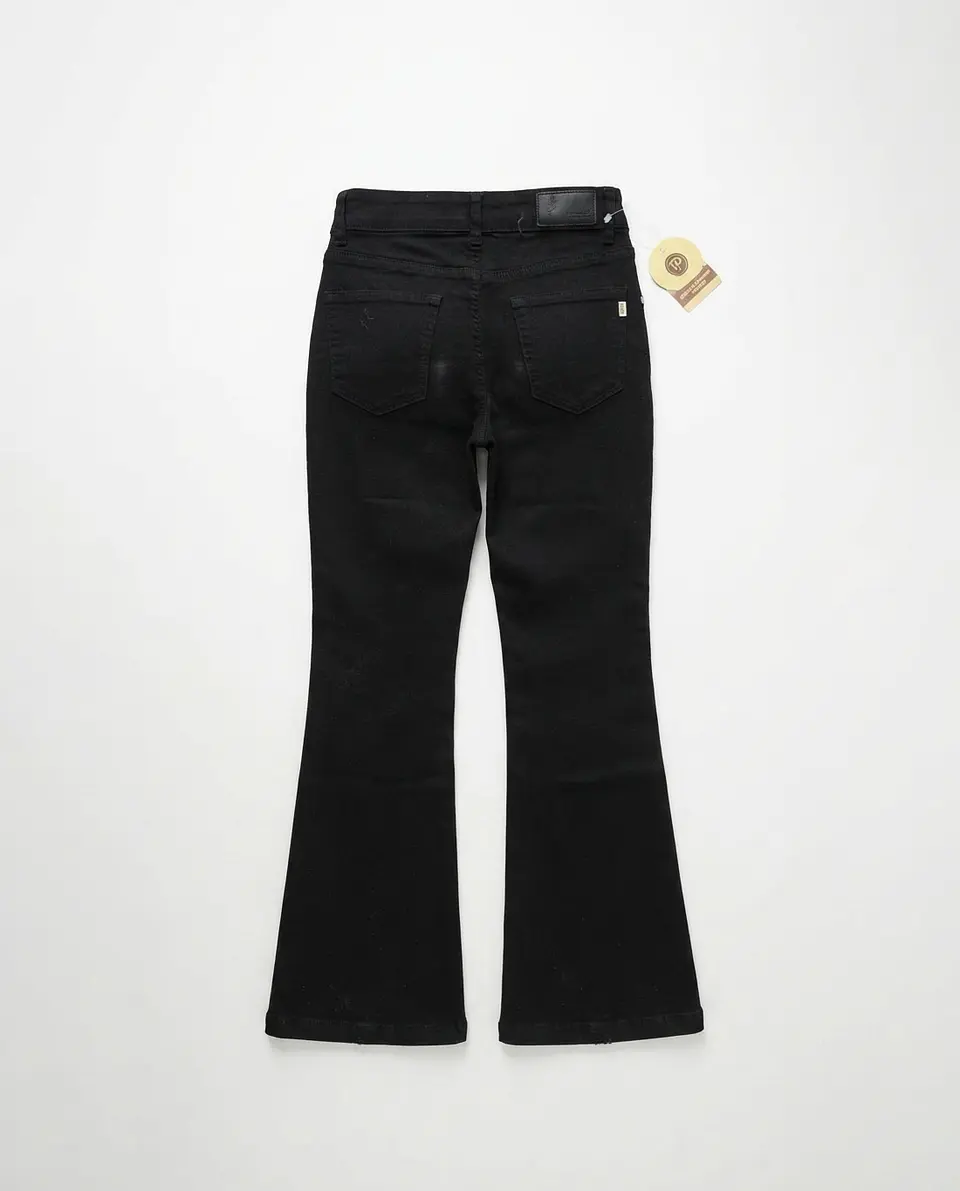Jeans Flare Acampanado Elasticado Negro Solido con Rotos 2