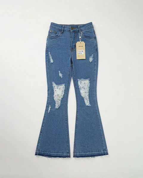 Jeans Flare Acampanado Elasticado Azul Clásico con Rotos 