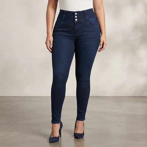 Jeans Skinny Tiro Alto 3 Botones Elasticado Azul Marino
