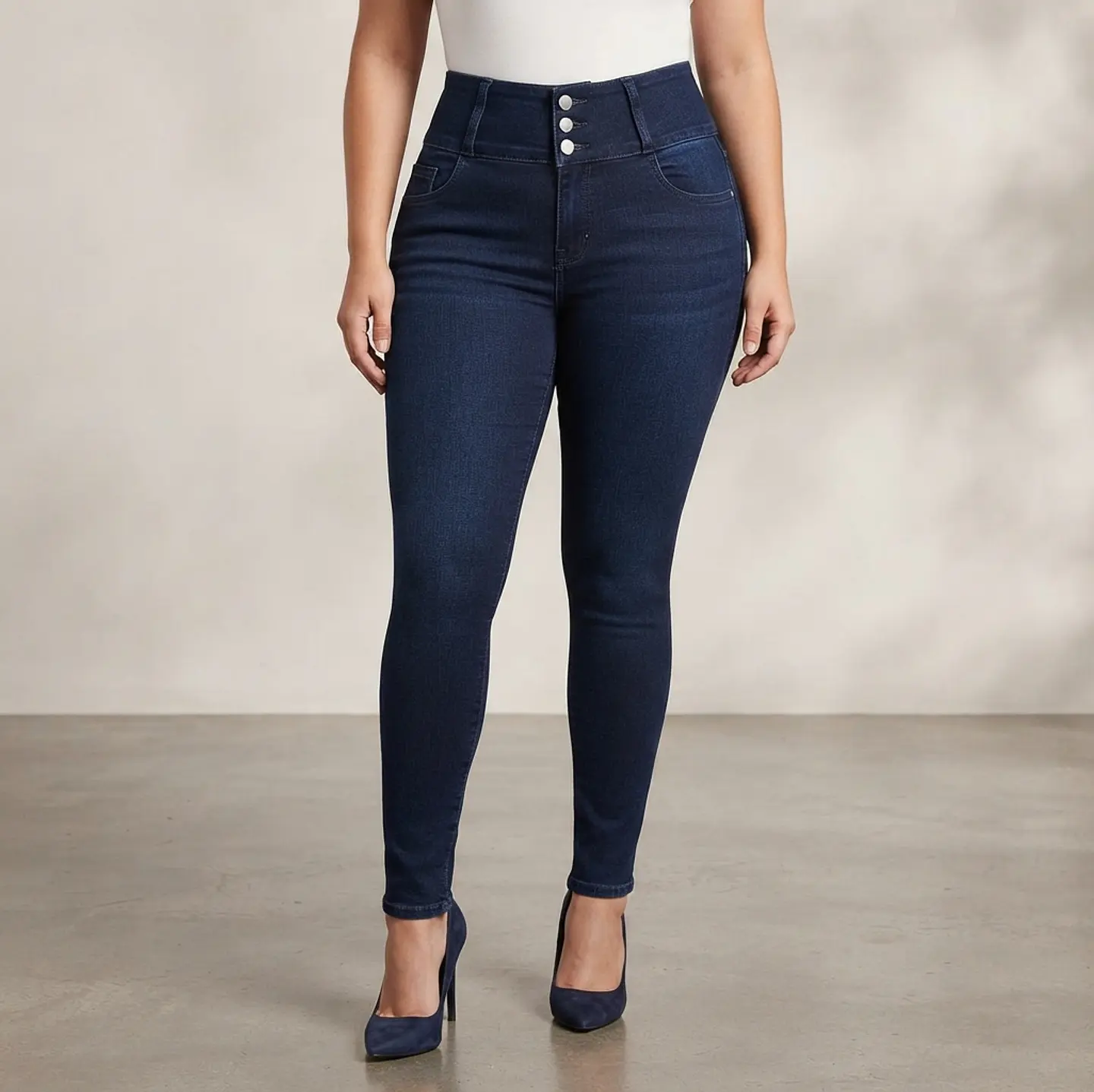 Jeans Skinny Tiro Alto 3 Botones Elasticado Azul Marino 1
