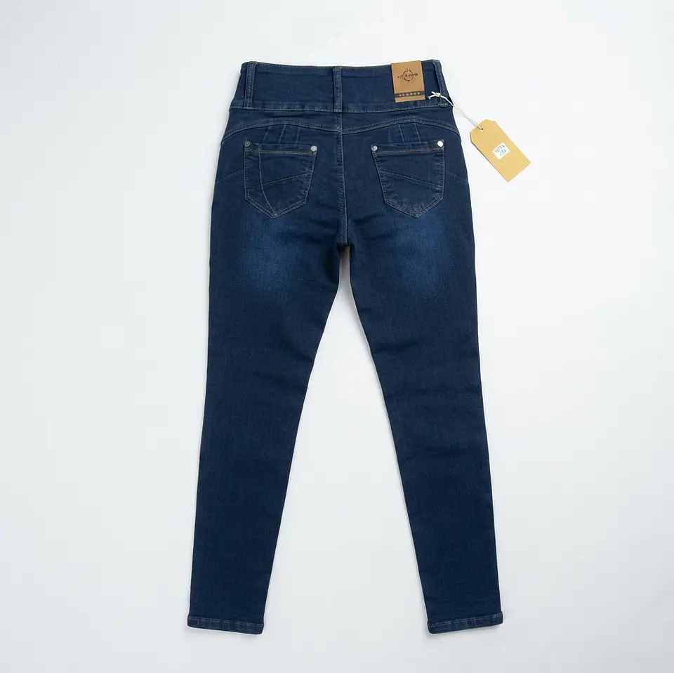 Jeans Skinny Tiro Alto 3 Botones Elasticado Azul Marino 4