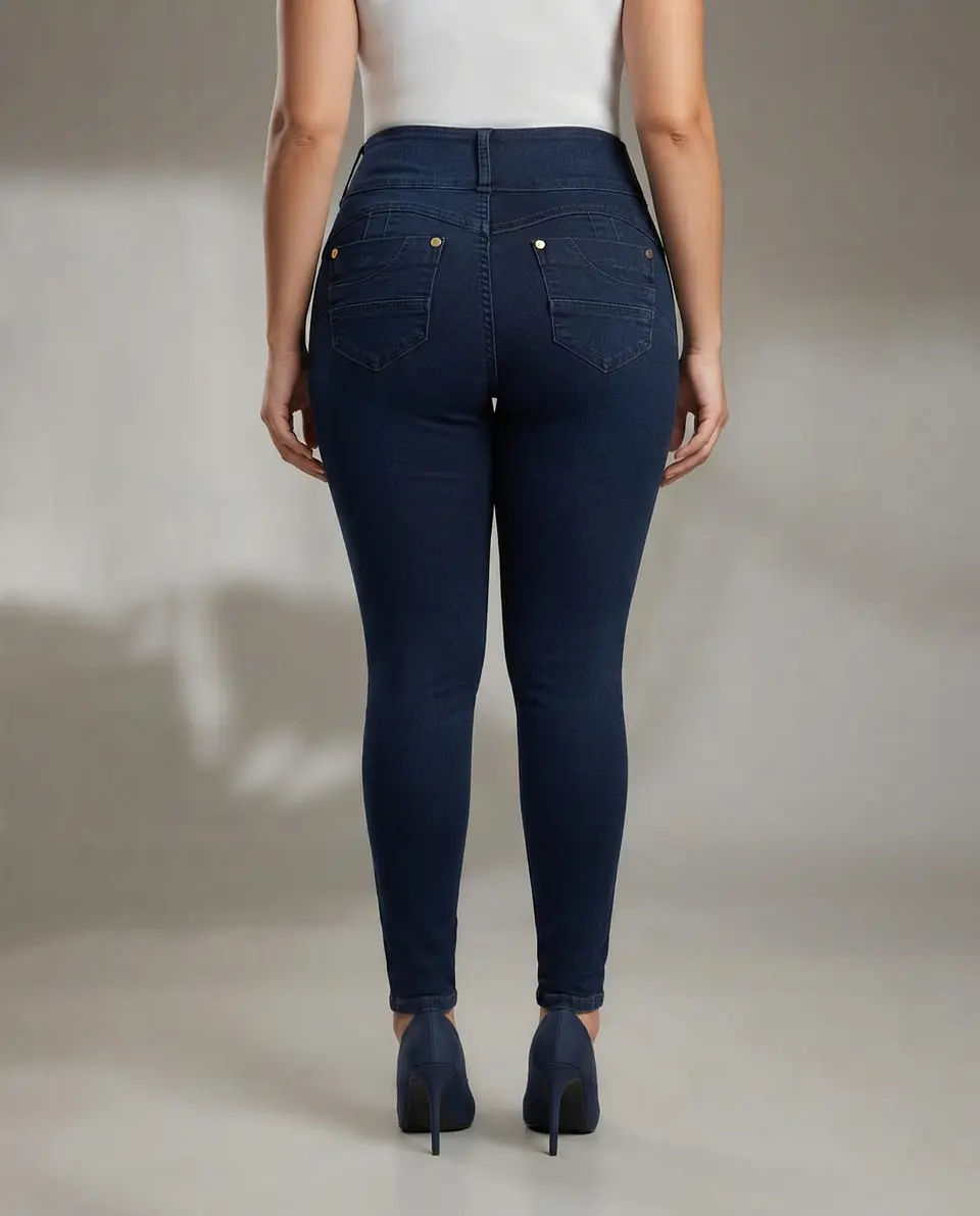 Jeans Skinny Tiro Alto 3 Botones Elasticado Azul Marino 3