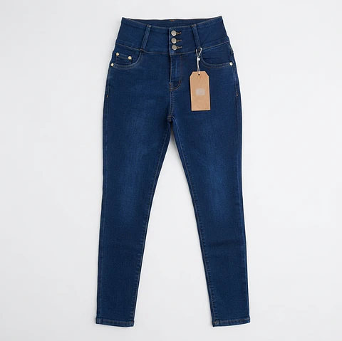 Jeans Skinny Tiro Alto 3 Botones Elasticado Azul Marino