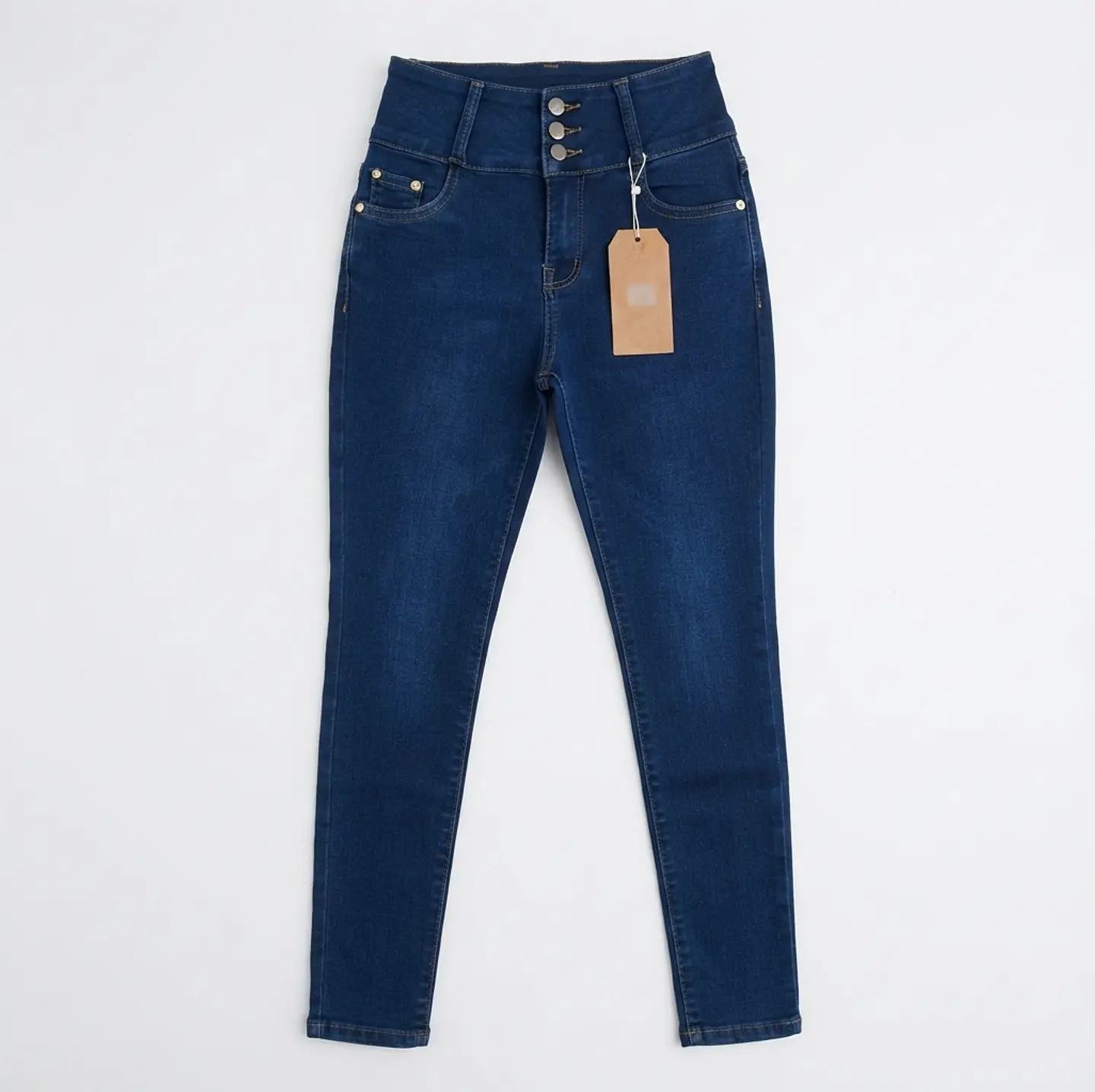 Jeans Skinny Tiro Alto 3 Botones Elasticado Azul Marino 2