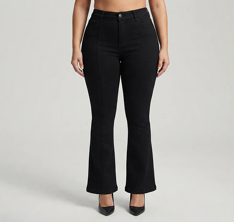 Jeans Flare Acampanado Linea Frontal Negro Solido con Push-Up