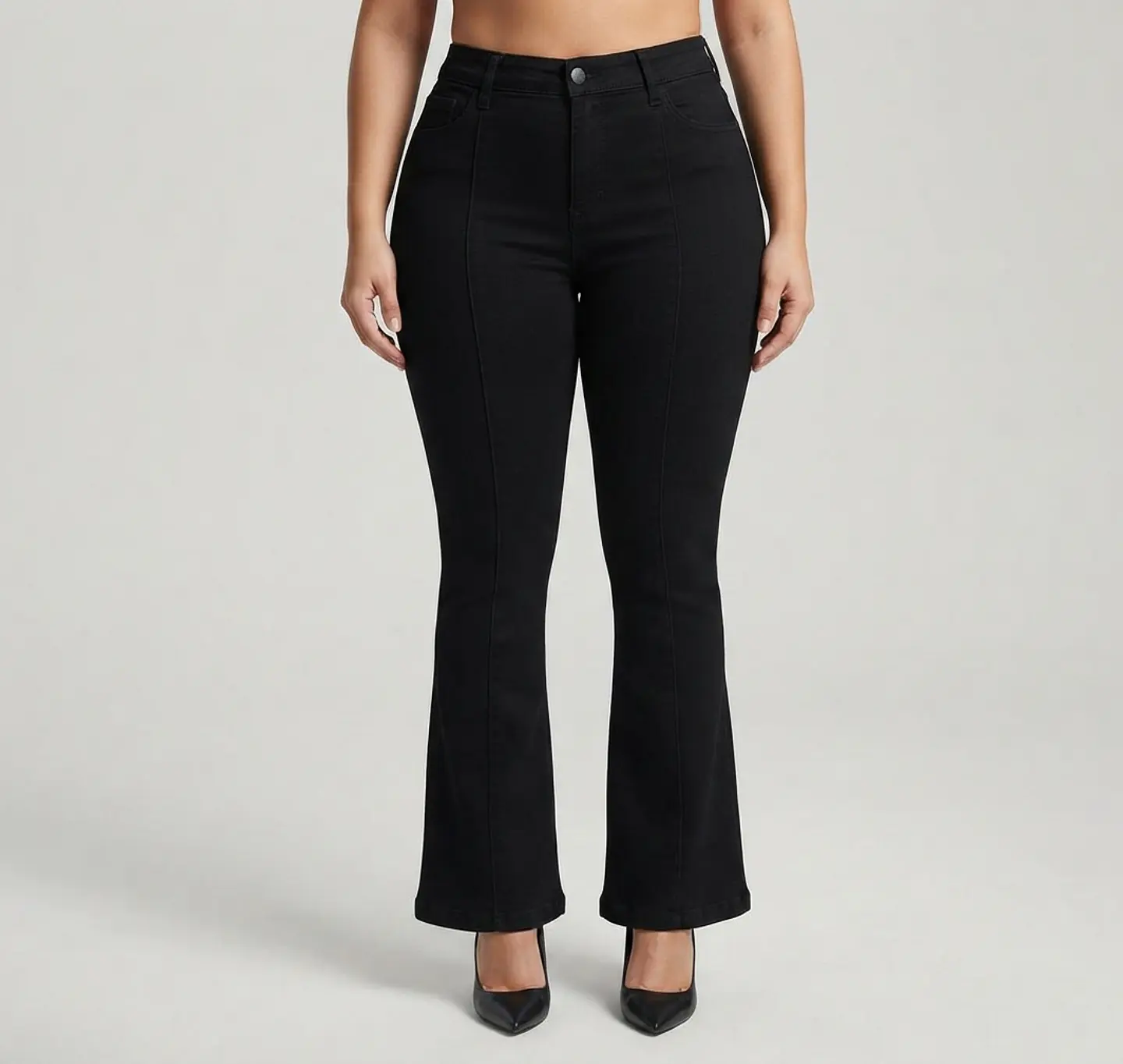 Jeans Flare Acampanado Linea Frontal Negro Solido con Push-Up 1