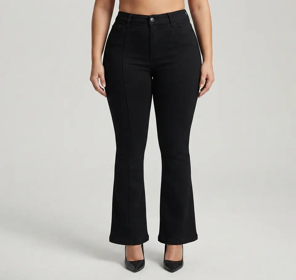 Jeans Flare Acampanado Linea Frontal Negro Solido con Push-Up 1