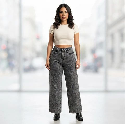 Jeans Wide Leg Tiro Alto Grafito Nevado Bolsillos Cartera