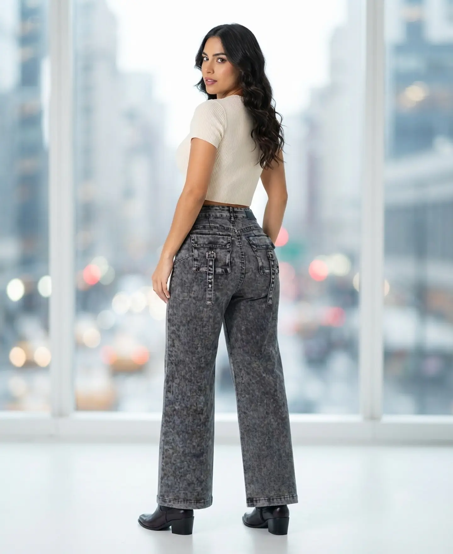 Jeans Wide Leg Tiro Alto Grafito Nevado Bolsillos Cartera 2