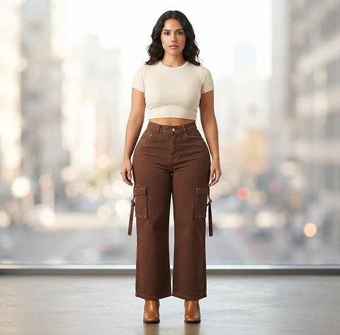 Jeans Wide Leg Cargo Tiro Alto Chocolate