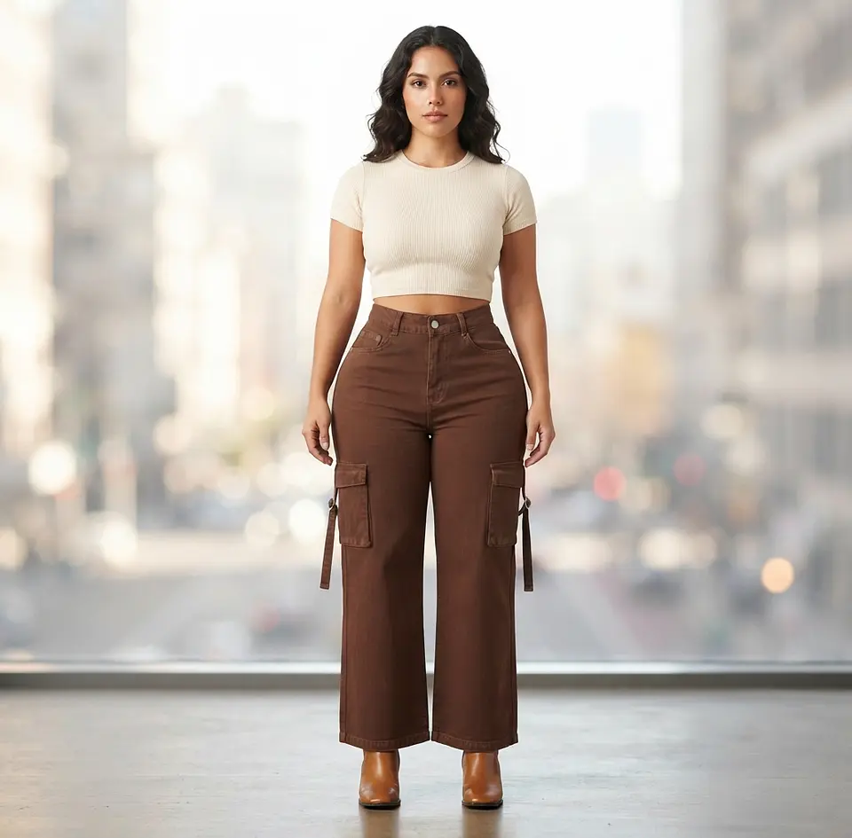 Jeans Wide Leg Cargo Tiro Alto Chocolate 1