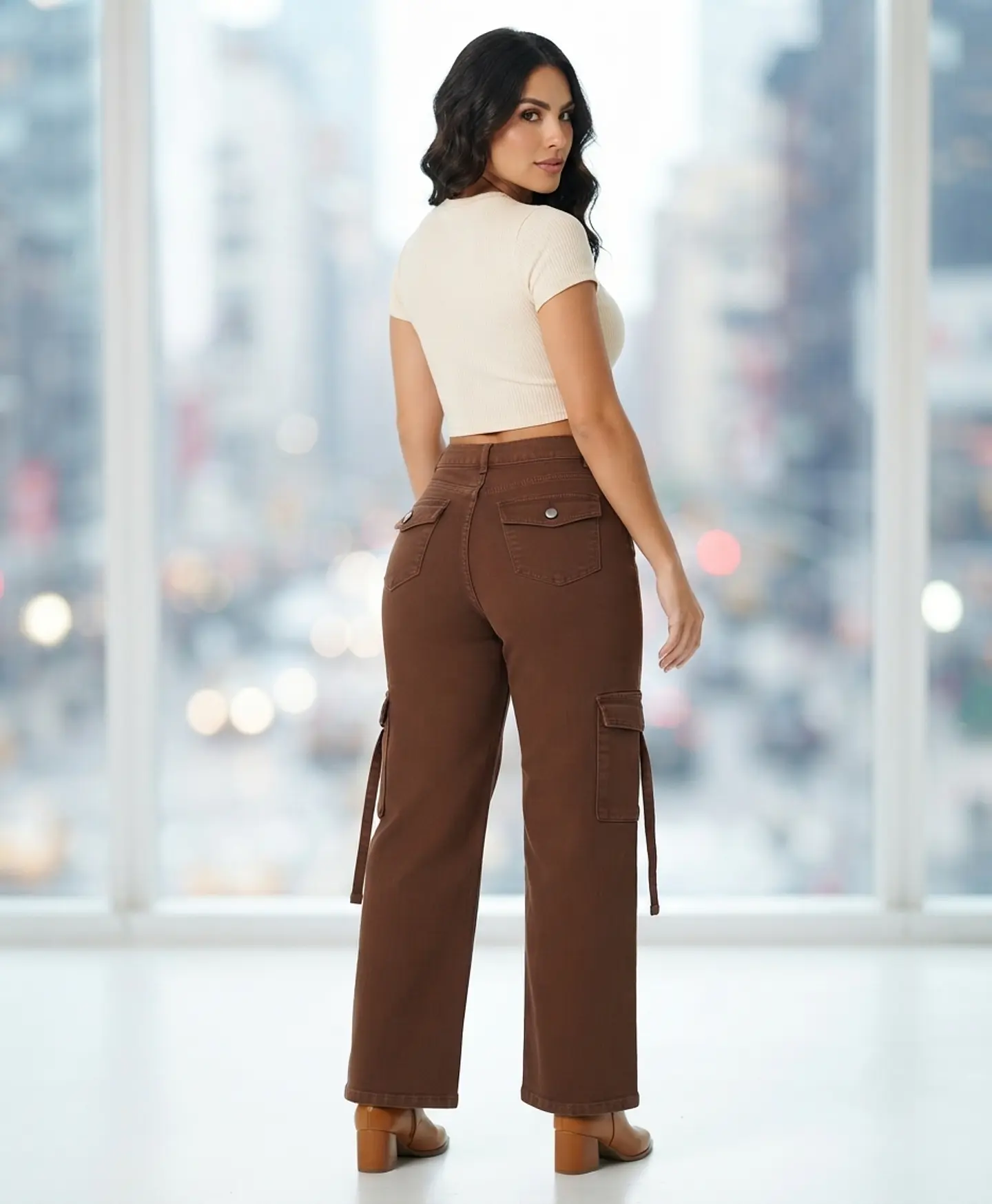 Jeans Wide Leg Cargo Tiro Alto Chocolate 2