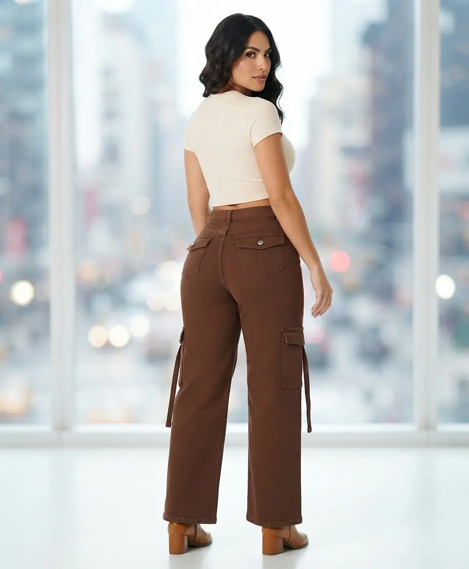 Jeans Wide Leg Cargo Tiro Alto Chocolate 2