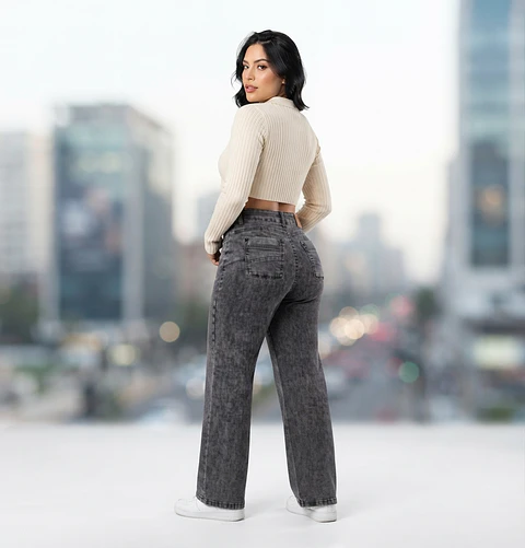 Jeans Wide Leg Tiro Alto Grafito Acid Wash