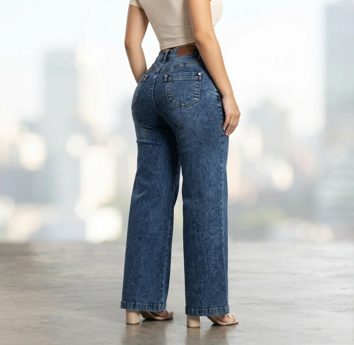 Jeans Palazo Elasticado Tiro Alto Azul Marino Acid Wash 2