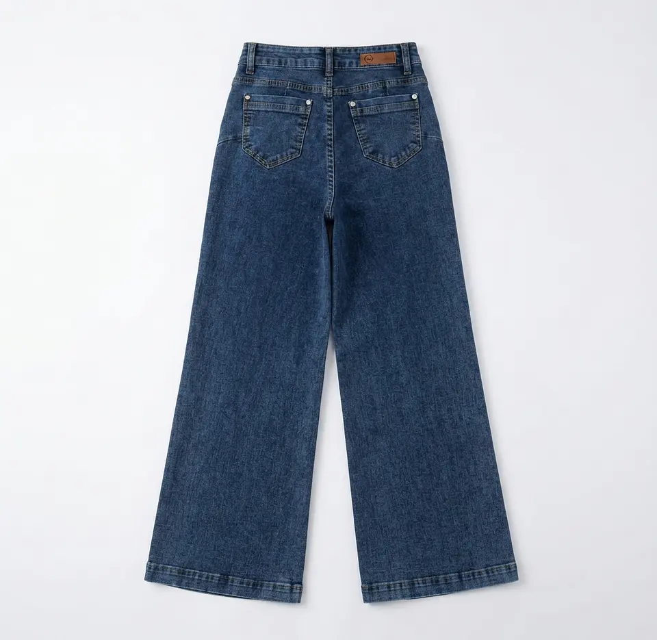 Jeans Palazo Elasticado Tiro Alto Azul Marino Acid Wash 4