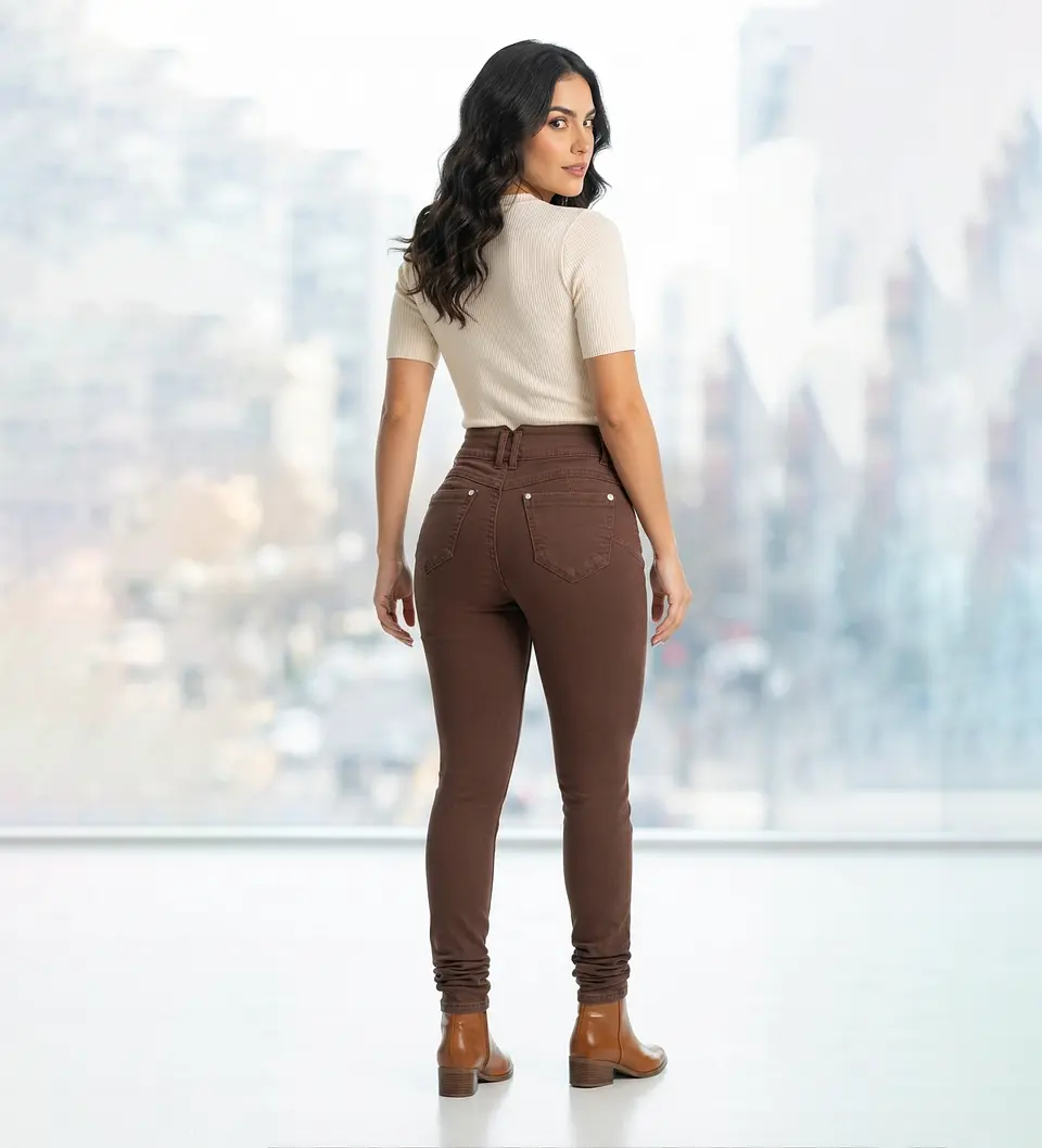 Jeans Skinny Elasticado Tiro Alto Chocolate Pretina Corazon 2