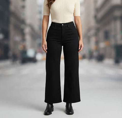 Jeans Palazo Elasticado Tiro Alto Negro Solido