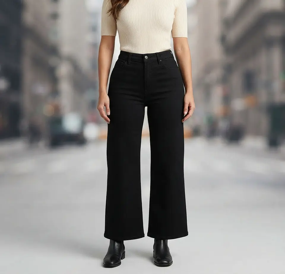 Jeans Palazo Elasticado Tiro Alto Negro Solido 1