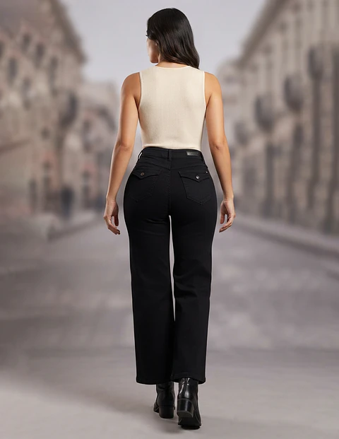 Jeans Palazo Elasticado Tiro Alto Negro Solido