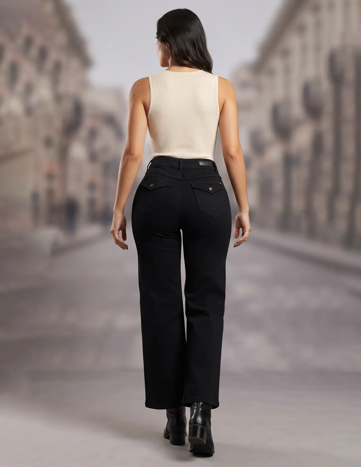 Jeans Palazo Elasticado Tiro Alto Negro Solido 2